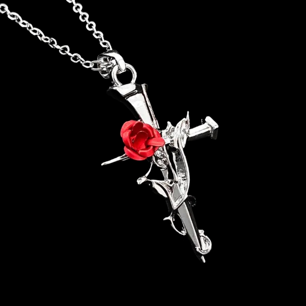 NEW Silver and Red Rose Pendant Necklace